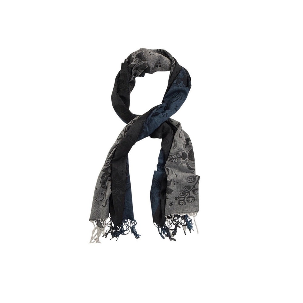 West Loop Scarf Fringe Paisley Floral Long Blue Grey Black Pashmina Wrap